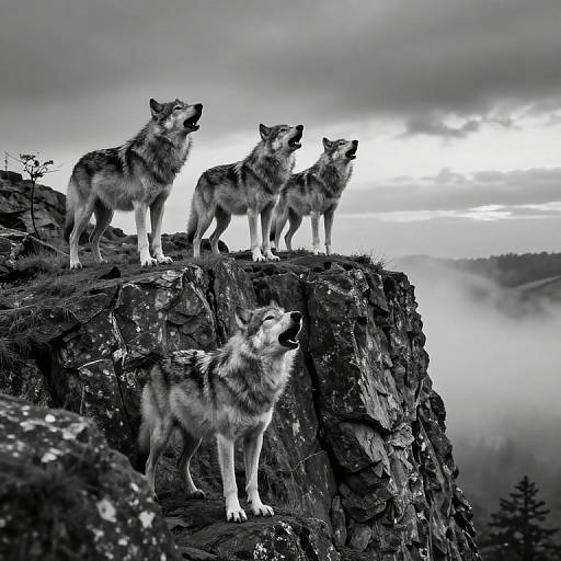 Black-and-white photograph of four wolves standing on a rocky cliff, howling at the cloudy sky, with mist-covered forest below.