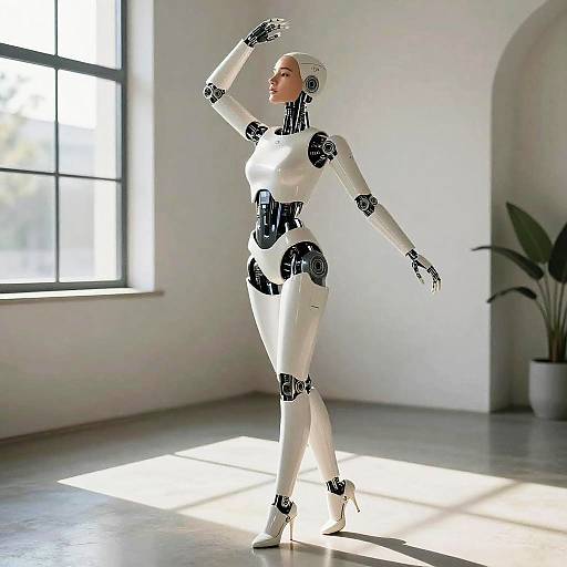 Photorealistic CGI of a sleek, white, female humanoid robot with black joints, posing gracefully in a sunlit, minimalist room.