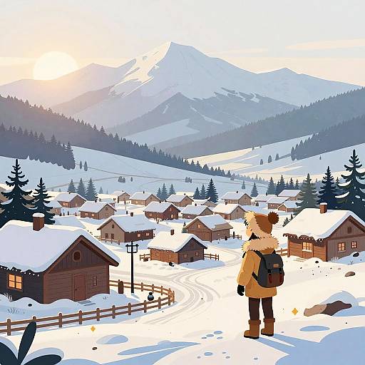 Digital illustration of a winter mountain village, seen from behind a person in a tan coat and brown boots, with snow-covered houses and a bright, sun