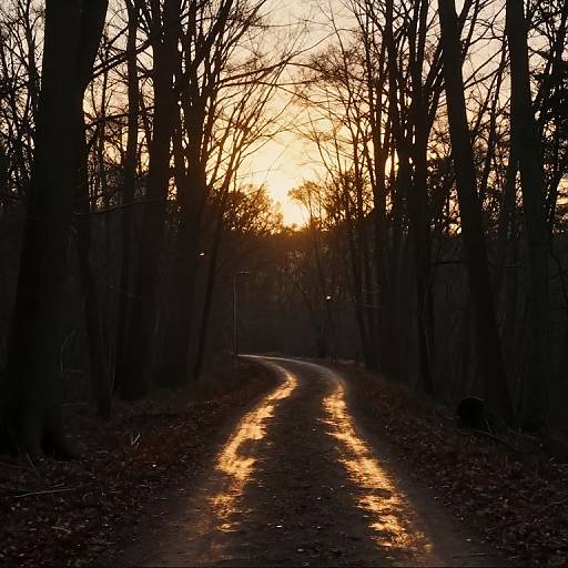 Sunset silhouette of a winding forest path, with golden light reflecting on the wet ground, surrounded by bare trees.