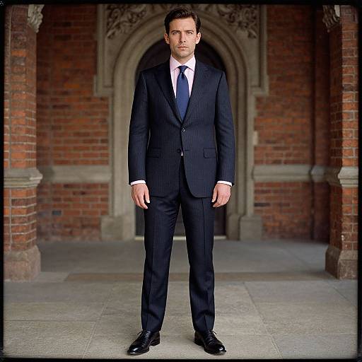 Photograph of a well-groomed man in a dark pinstripe suit with white shirt and navy tie, standing in a brick archway.