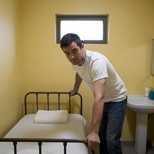 Man Leaning on Bed in Small Yellow Room
