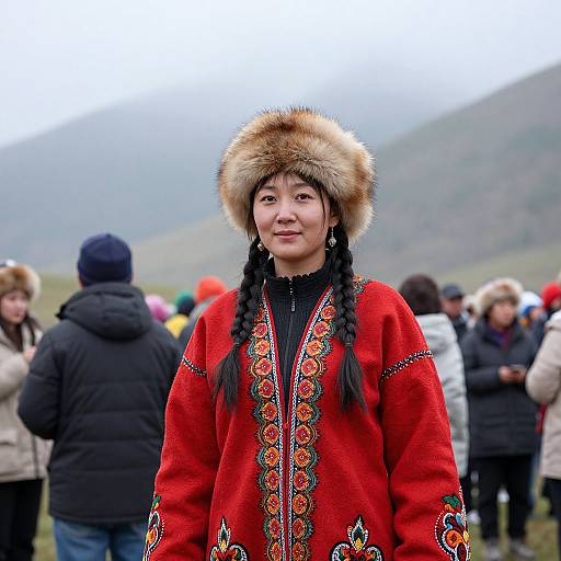 Photograph of a young Asian woman with braided hair, wearing a red embroidered coat and fur hat, standing outdoors among a group of people in winter