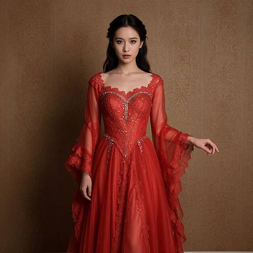 Ethereal Woman in Crimson Gown