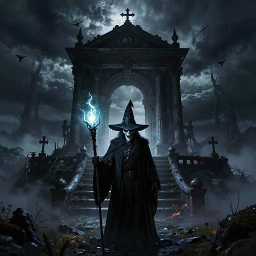 Dark, gothic fantasy illustration: Silhouetted wizard with pointed hat and glowing staff stands before eerie, stormy archway, surrounded by crosses