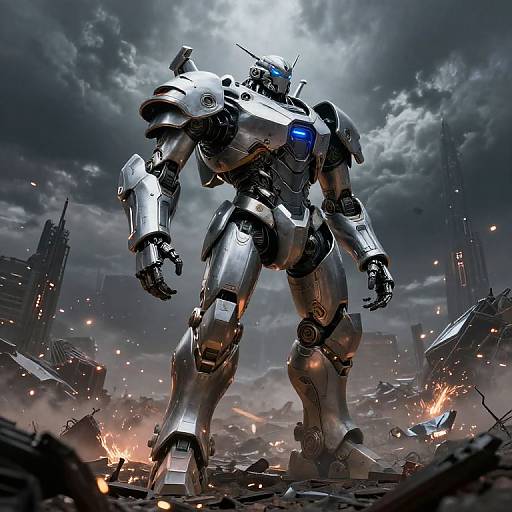Photorealistic CGI of a towering, silver, futuristic mecha robot with blue light, standing amidst a ruined, firelit cityscape under a storm