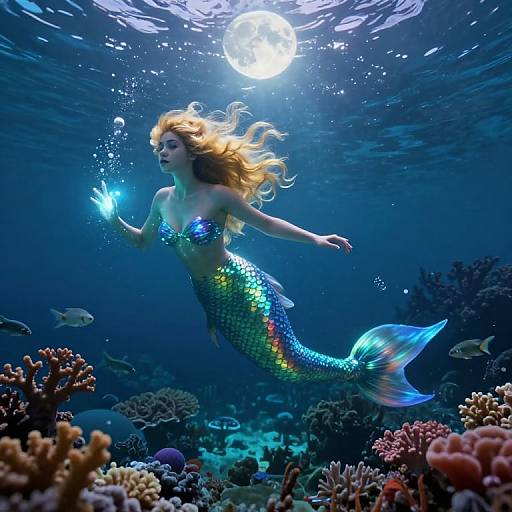 Photorealistic underwater image of a glowing, blue-green mermaid with flowing red hair, surrounded by colorful coral and fish, illuminated by a bright full