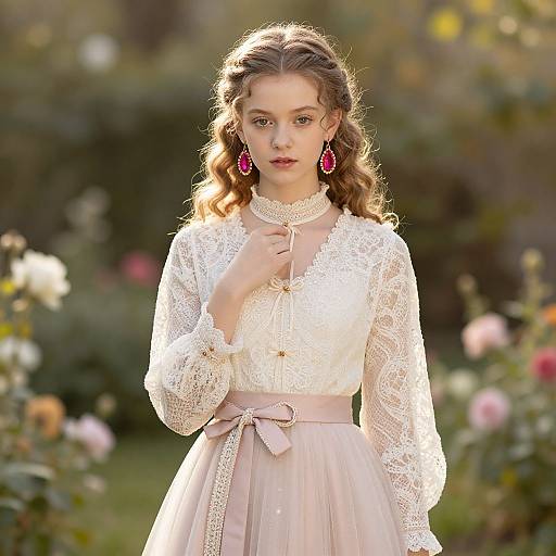 Young woman with curly blonde hair, wearing a white lace blouse and pink skirt, adorned with pink earrings, stands in a sunlit garden with blooming