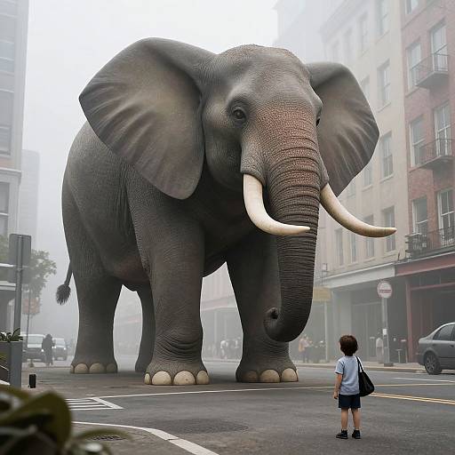 Photograph: Giant elephant with large tusks stands in foggy urban street, dwarfing a small boy in white shirt and shorts.