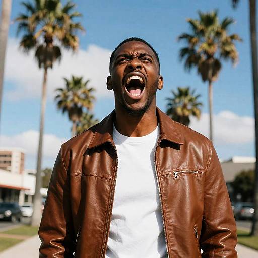 Man Yelling Outdoors with Palm Trees