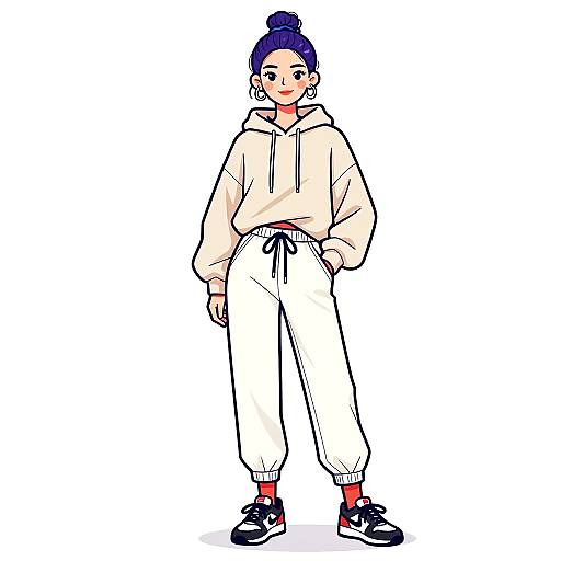 Digital drawing of a young woman with blue hair in a bun, wearing a beige hoodie, white pants, and black sneakers, standing confidently against a white