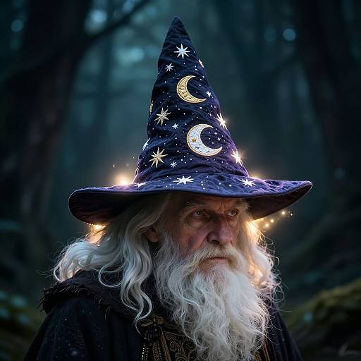 Photograph of a mystical, elderly wizard with a long white beard, wearing a starry, crescent moon-patterned hat, illuminated by glowing lights