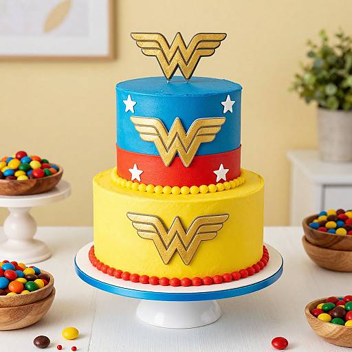 Photograph of a two-tiered cake featuring blue, red, and yellow layers with gold 