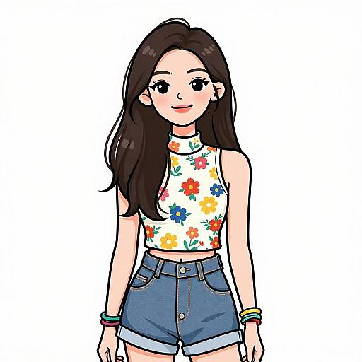 Digital drawing of a young Asian woman with long black hair, wearing a sleeveless floral crop top and high-waisted denim shorts. She smiles gently
