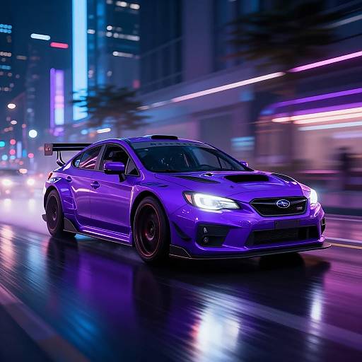 Photograph of a sleek, purple-lit, turbocharged sedan speeding through a neon-lit, rainy city street at night, with blurred lights and