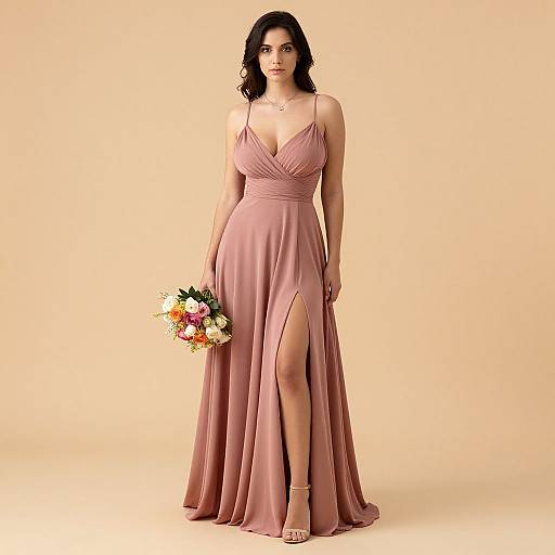 Photograph of a dark-haired woman in a pink, floor-length, V-neck gown with a thigh-high slit, holding a colorful bouquet, standing against