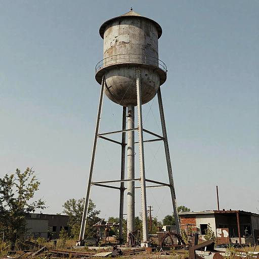 Photograph of a weathered, cylindrical metal water tower on tall, narrow supports, set against a clear blue sky, with scattered buildings and trees in