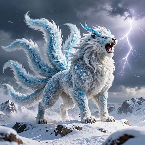 Five-Tailed Icy Beast Roaring on Snowy Mountain