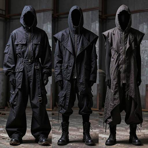 Photograph of three shadowed figures in black hooded, tactical jackets, standing in a dimly lit, industrial, grungy background.