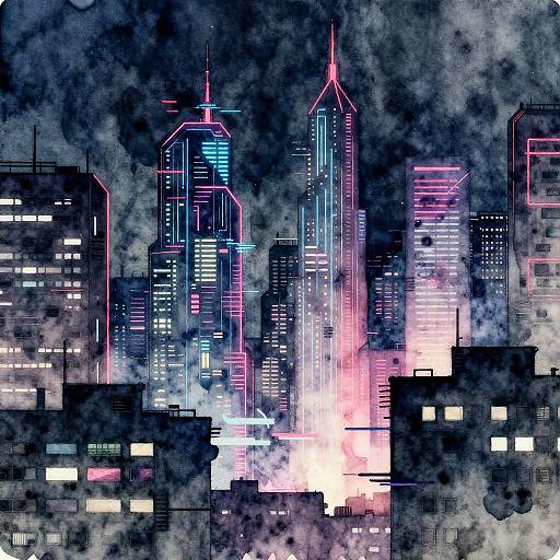 Digital watercolor-style cityscape of a neon-lit skyscraper skyline at night, with vibrant blue, pink, and white lights against a dark,