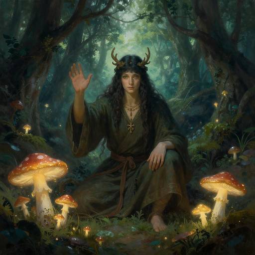 Digital fantasy artwork: Dark-haired, horned forest woman in a green robe, kneeling among glowing mushrooms, waving hand, surrounded by fireflies in a