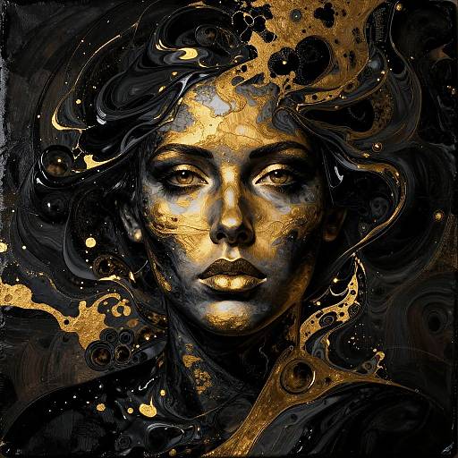 Digital art of a mysterious woman with glowing gold eyes and hair, set against a dark, abstract black background with gold splatters.