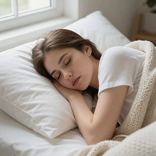 Photograph of a young woman with fair skin and brown hair sleeping on a white pillow, covered by a beige knitted blanket, in a sunlit