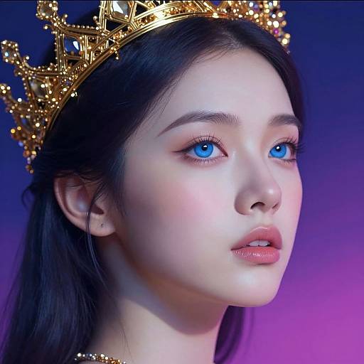 Photorealistic portrait of a fair-skinned woman with striking blue eyes, wearing a golden, jeweled crown, against a purple gradient background.