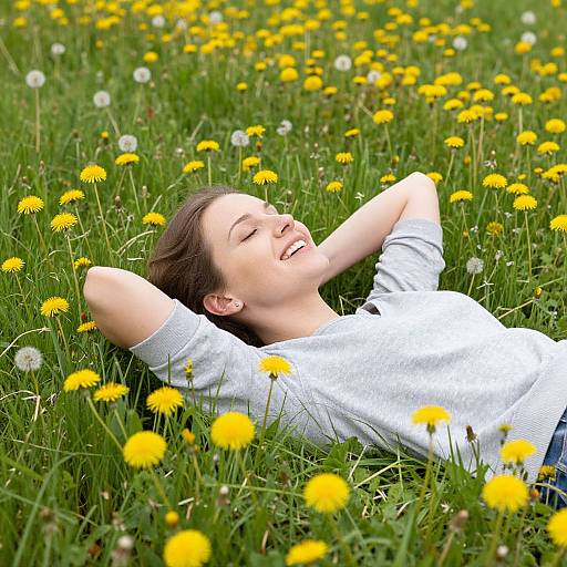 Photograph of a smiling young woman with brown hair, lying in a field of yellow dandelions and green grass, wearing a white shirt, arms