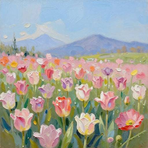Impressionist-style painting of a vibrant field of pink and white tulips with green stems, set against a blue sky and distant mountains.