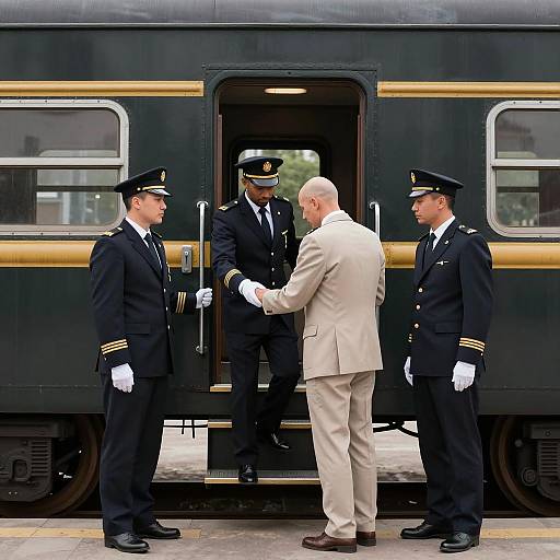 Black Train with Conductors Assisting Passengers