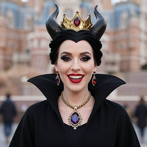 Photograph of a pale-skinned woman with dark hair, red lipstick, black devil horns, golden crown, black cape, and red gemstone jewelry