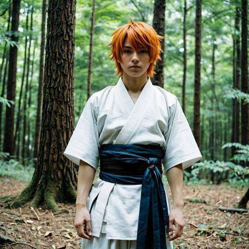 Male Anime Cosplayer in Japanese Outfit in Forest