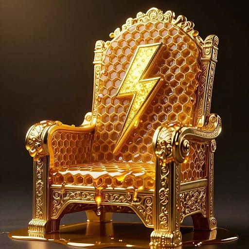 Glorious golden throne with a large, illuminated lightning bolt on the backrest, featuring honeycomb patterns and ornate carvings.