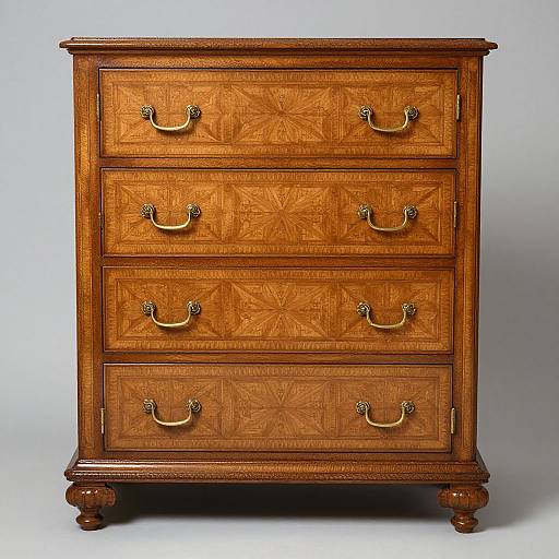 Photograph of a classic, wooden, four-drawer chest with ornate brass handles, intricate geometric inlay patterns, and turned legs, set against