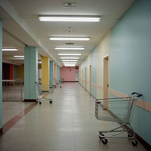 Photograph of a brightly lit, empty, pastel-colored hallway with two metal shopping carts, white fluorescent lights, and tiled floor.