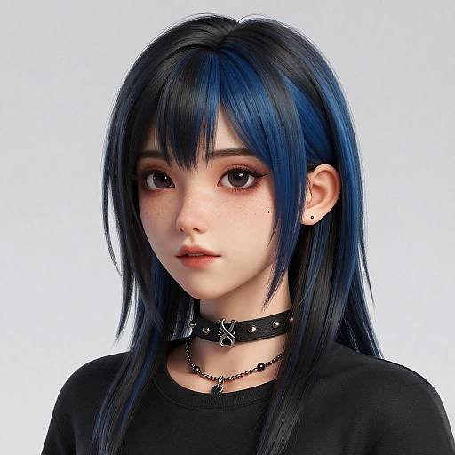 Digital anime-style portrait of a young woman with long blue-black hair, brown eyes, black choker, and black top, against a white background.