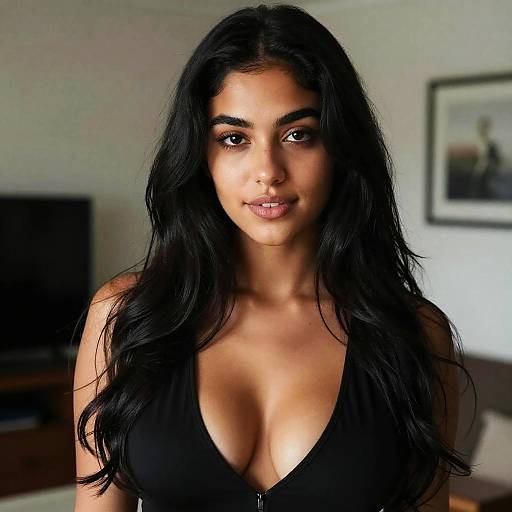 Photograph of a young woman with long black hair, dark eyes, and olive skin, wearing a low-cut black top, standing indoors with a blurred