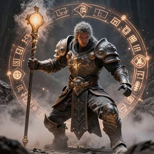 Epic CGI image of a muscular, white-haired warrior in ornate silver armor, holding a glowing staff, surrounded by a mystical, glowing circle in