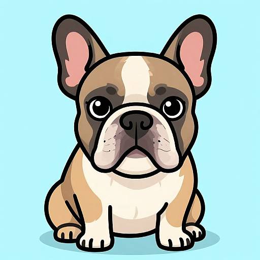 Cartoon-style illustration of a French Bulldog with large ears, brown and white fur, big black eyes, and a serious expression, sitting against a