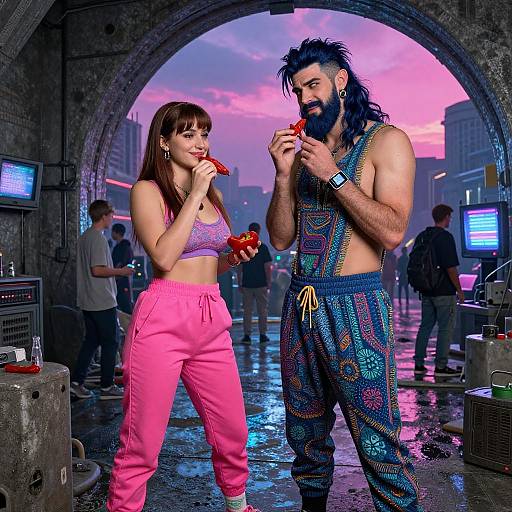 Digital artwork of a muscular bearded man with long black hair in colorful suspenders and a woman in pink sports bra and pants eating popcorn under a neon