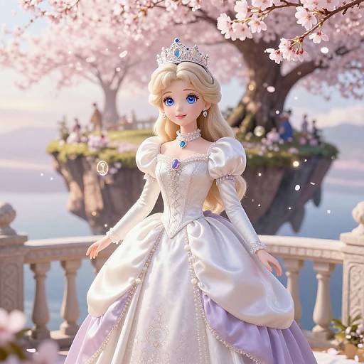 Digital illustration of a blonde princess with blue eyes, wearing a white, puffed-sleeve gown with lavender accents, tiara, and necklace,