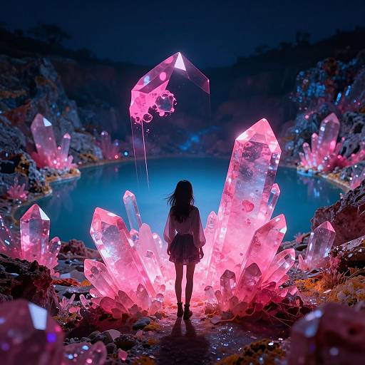Digital artwork: Silhouetted girl with long hair stands before glowing, pink, crystalline structures by a bioluminescent pool at night.