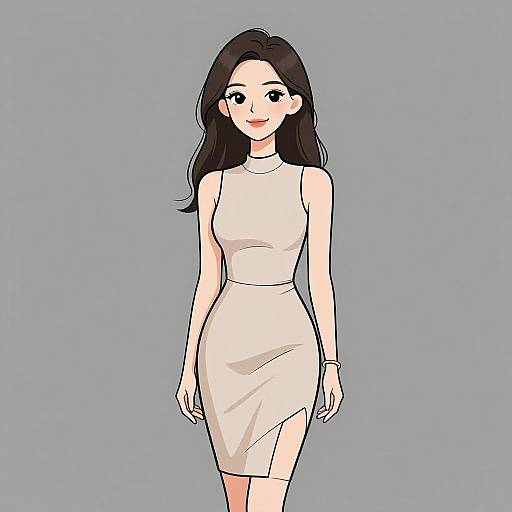 Digital anime-style drawing of an attractive Asian woman with long black hair, wearing a sleeveless white dress and smiling, against a gray background.