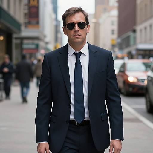 Photograph of a serious-looking man in a dark suit, white shirt, black tie, and sunglasses, walking on a bustling city street with blurred background