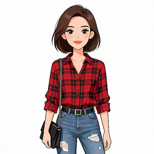 Smiling Woman in Casual Plaid Outfit
