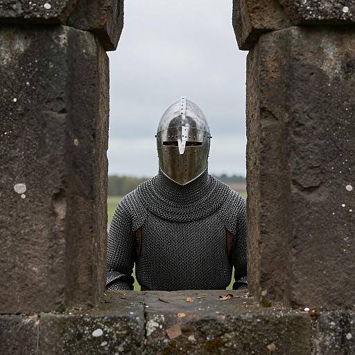 Medieval Knight Peeking Over Stone Structure