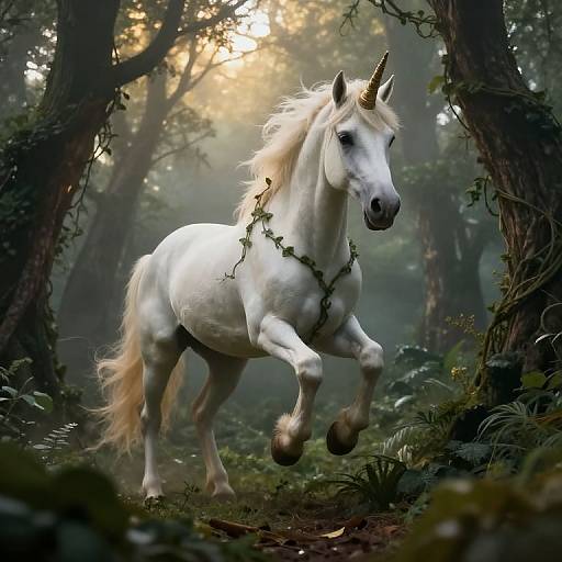 Photorealistic digital painting of a white unicorn with a vine around its neck, galloping through a misty, sunlit forest.