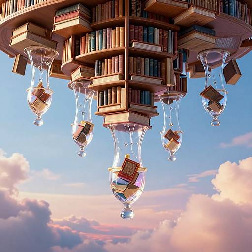 Floating book chandeliers with suspended books against a vibrant sky with pink and blue clouds, creating a whimsical, surreal scene.