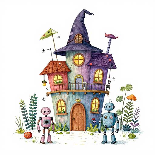 Whimsical watercolor drawing of a quirky, purple-blue, two-story witch house with yellow-lit windows, surrounded by colorful plants and two cute